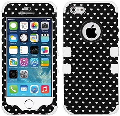 MyTurtle Shockproof Hybrid 3-Layer Hard Case Bundled with [9H Tempered Glass] Screen Protector Shock-Absorption and Anti-Scratch Bumper Back Cover for iPhone SE 5S 5 (Black White Vintage Heart Dots)