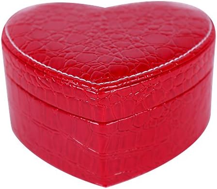 Heart Shaped Jewelry Box Two-layer PU Leather Necklaces Bracelets Display Organzier Storage Case with Mirror (Red)