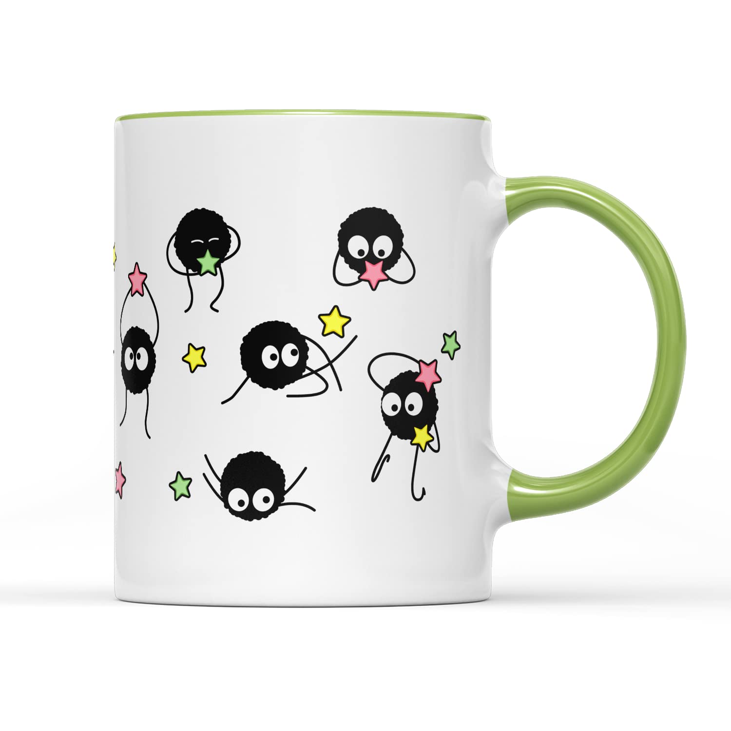 Soot Sprites Wrap Coffee Cup Mug Anime Manga Film Studio Susuwatari Neighbor Spirits Present Gift Heavy Duty Ceramic Handle Coated Dishwasher Microwave Safe (Light Green Handle Prime)