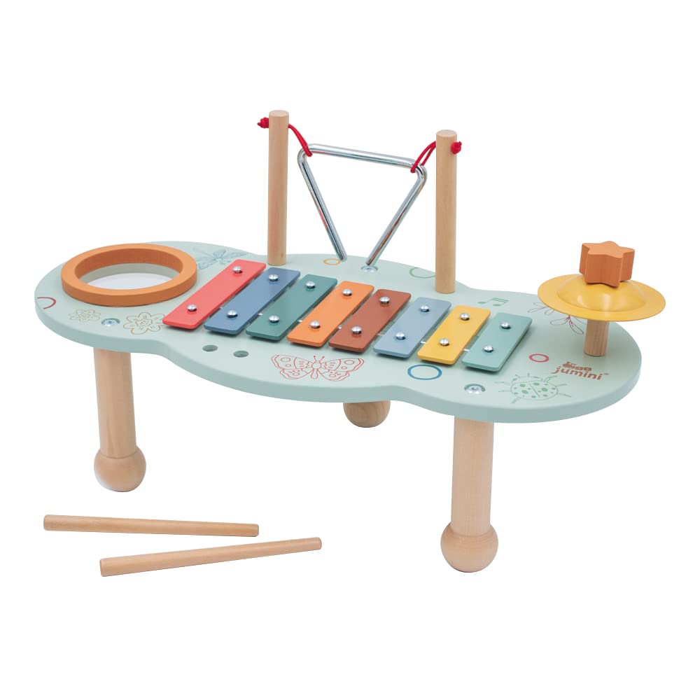 jumini Wooden Music Table: Musical Instruments Toy 4 in 1, Drum, Xylophone, Triangle and Cymbal Music Set. All in one music table made from sustainably sourced wood., W61599
