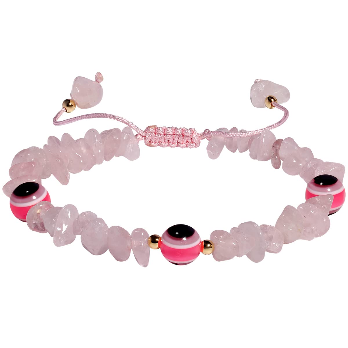 Jewboo Evil Eye Bracelets with Natural Tumbled Chips Stones Crystals Quartz Bracelet for Women Energy Reiki Gemstones Spiritual Gems Jewelry Gifts (Rose Quartz)