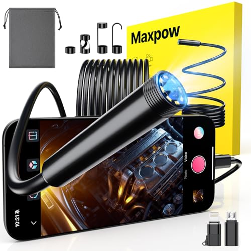 Maxpow Endoscope Inspection Camera - Plug & Play for iPhone/Android (No WiFi needed), Snapshot & Video Record, IP67 Waterproof, 1920 HD, For Engine, Plumbing, Inspection Camera (5m) -upgrade