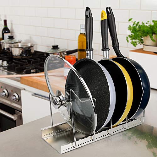 Stainless Steel Dish Rack Kitchen Pot Pan Lid Cutting Board Adjustable Organizer Holder with Drain Tray for Cabinet and Pantry Storage Organization, 6 Compartments - Thumbnail 4