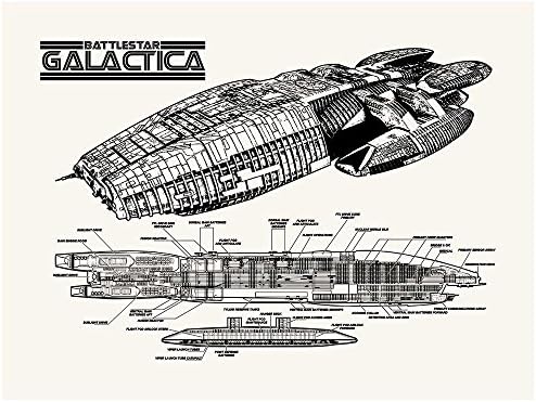 Inked and Screened SP_SYFI TW_24_K Sci-Fi and Fantasy Battlestar Galactica Spaceship Print, True White-Black Ink, 18" x 24",