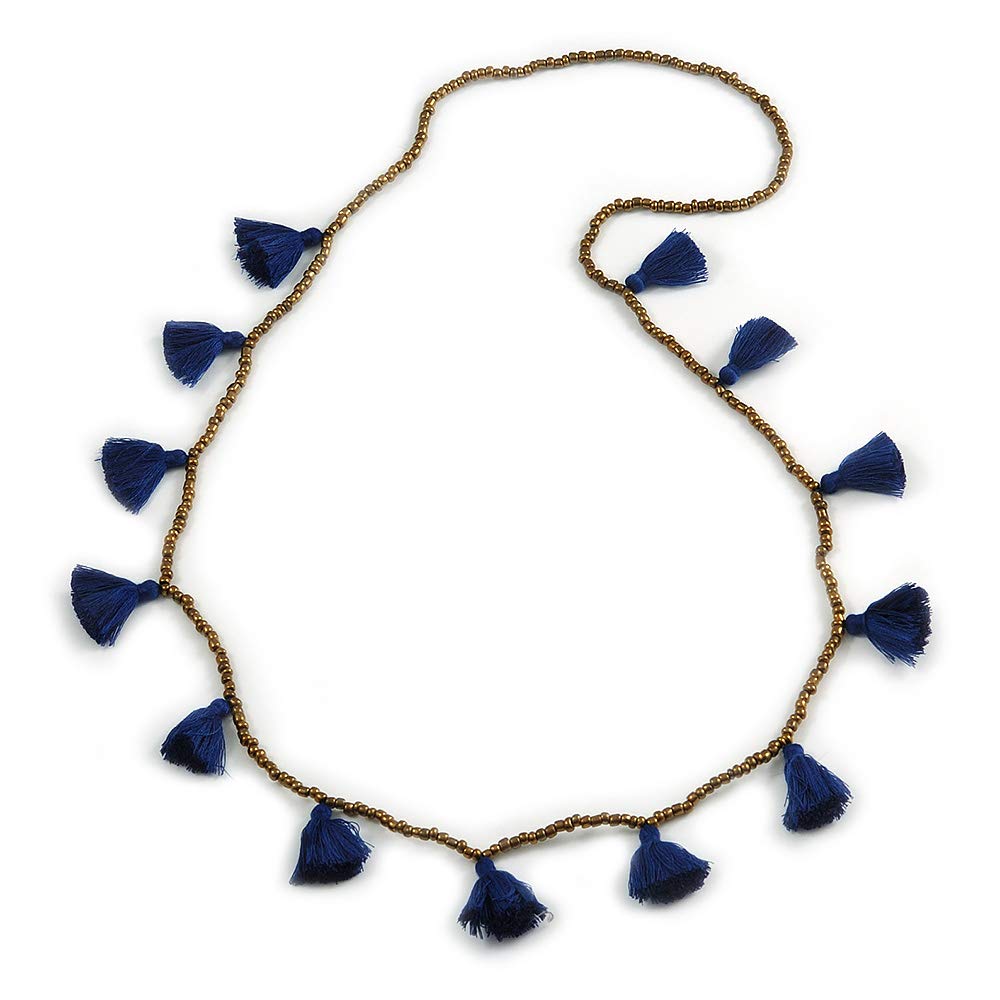 Avalaya Bronze Glass Bead with Dark Blue Tassel Long Necklace/Boho Style/ 96cm L