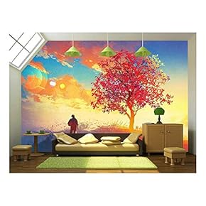 Autumn Landscape with Alone Tree on Mountain,Coming Home Concept,Illustration Painting - Removable Wall Mural | Self-Adhesive Large Wallpaper - 66x96 inches