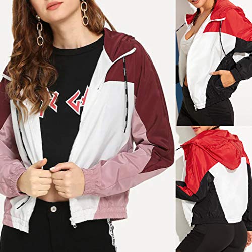 Women's Casual Color Block Drawstring Hooded Windbreaker Jacket, Woman Zip Hoodie Crop Tops Outerwear Sweatshirts(Red, XL) - Thumbnail 5