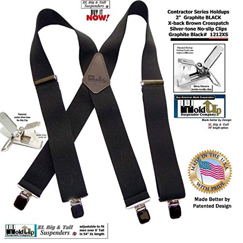 Holdup Suspender Company Brand 2" Wide XL Graphite Black Work Suspenders with Patented Silver Tone Jumbo No-slip Clips