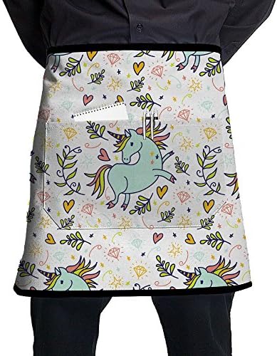 Unicorn Wallpaper Love Pattern Stylist Waist Chef Apron With Pockets, Restaurant Short Bistro Family Half Aprons For Men Women, 21.3 X 17.7 Inches, Black