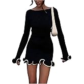 GORGLITTER Women's Ruffle Bodycon Mini Dress Boat Neck Long Sleeve Knit Pencil Short Going Out Party Club Night Dresses