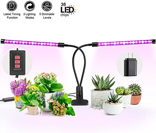 18W Dual Head Timing Grow Lamp, 36 LED Chips with Red/Blue Spectrum for Indoor Plants, with 5-level Brightness 3/6/12H Timer Adjustable 360 Degree Gooseneck for Seedling Tray Succulent Gardening Plant