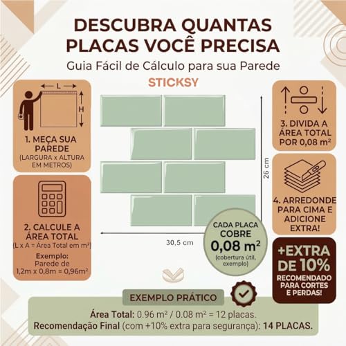 Placa Pastilha Adesiva Resinada 3D Sticksy Revestimento Decorativo Impermeável para Cozinha Banheiro (Verde Subway - 30,5 x 26 Cm)
