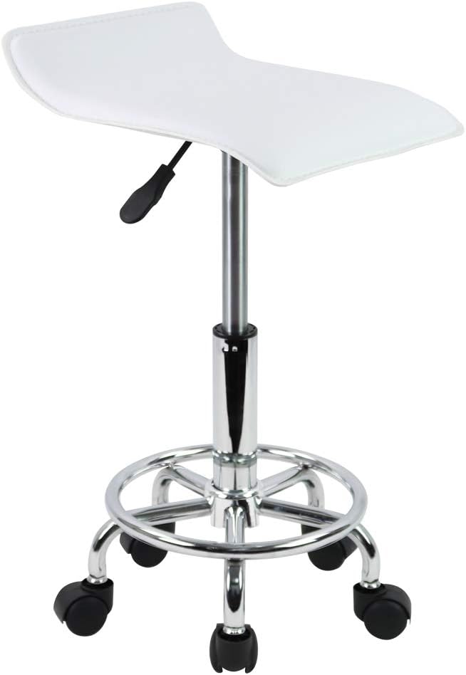 KKTONER Square Height Adjustable Rolling Stool with Foot Rest PU Leather Seat Cushion Medical Spa Drafting Salon Tattoo Work Swivel Office Stools Task Chair Small (White)
