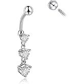 CANDYFANCY 14G Dangly Belly Button Rings Surgical Steel Gem Navel Rings Dangle Triple Round CZ Barbell Belly Piercings Jewelry