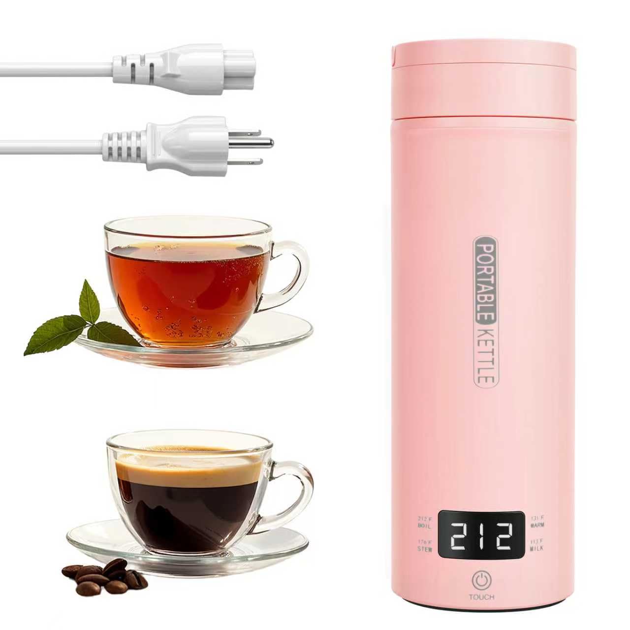 Rzlinn Pink Portable Electric Kettle forTravel, Small Hot Water Kettle with NTC Temperature Control and Auto Shut-Off, 316 Stainless Steel, Green 110V & 15oz
