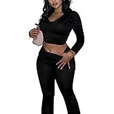 Women 2 Piece Lounge Set Contrast Lace V Neck Long Sleeve Crop Top Fold Over Flare Yoga Pants Tracksuit Casual Outfits