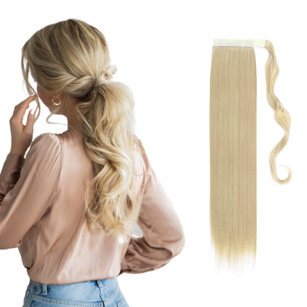 23" Long Straight Wrap Around Ponytail Clip in Hair Extensions One Piece Hairpiece Magic Tape in Pony Tail Extension for Women Ash Blonde mix Bleach Blonde