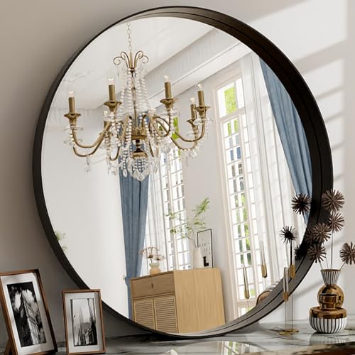 24 Inch Round Bathroom Mirror - Wall Mounted Circle Mirror with Metal Frame, Mo…