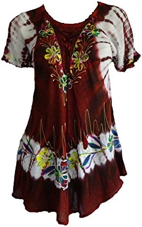 Sacred Threads Tie Dye Red Embroidered Gypsy Rayon Top One Size