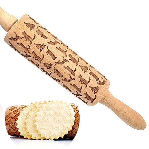 Transer Wooden Rolling Pins with Embossing, Natural Wood Cat Carved Engraved Rolling Pin for Baking Embossed Cookies, 15.2 Inches (Yellow - cat)