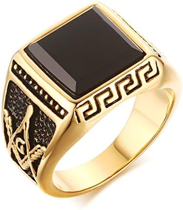 Stainless Steel Gold Plated Square Agate Vintage Signet Rings with Masonic Symbol for Men,Size 9