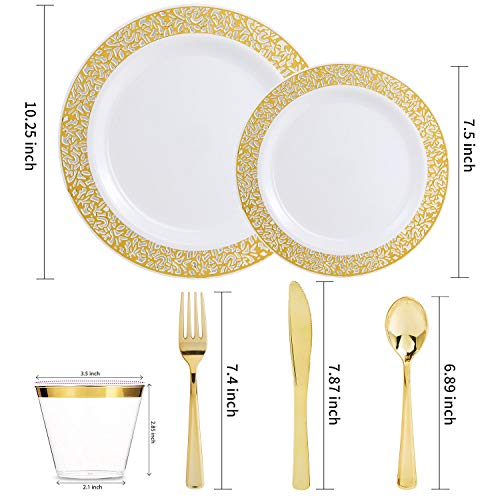 ENUOSUMA 150 Piece Plastic Plates, Dinnerware & Cups Set - Gold Plates with Lace Design -Disposable Tableware include Dinner Plates Salad Plates, Cups, Spoons, Forks & Knives for Wedding or Party