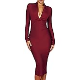 whoinshop Women 's Draped Deep Plunged Long Sleeve Night Out Club Cocktail Party Dresses with Knee Length