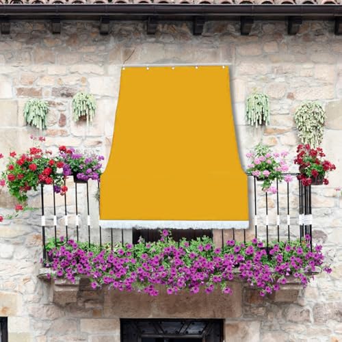 Striped Awning for Outdoor Balcony and Terrace | with Rings and Hooks, Durable and Washable, 100% Water-Repellent Polyester with Fringes, Ochre Yellow, 145 x 250 cm