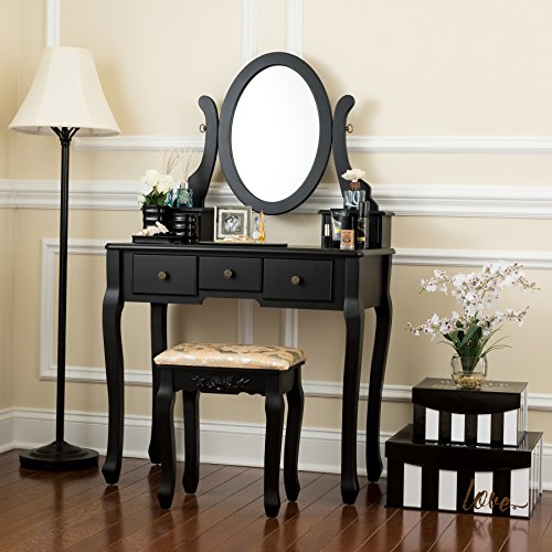Fineboard HFB-VT07-BK Single Mirror Dressing Set Five Organization Drawers Vanity Table with Wooden Stool, Black