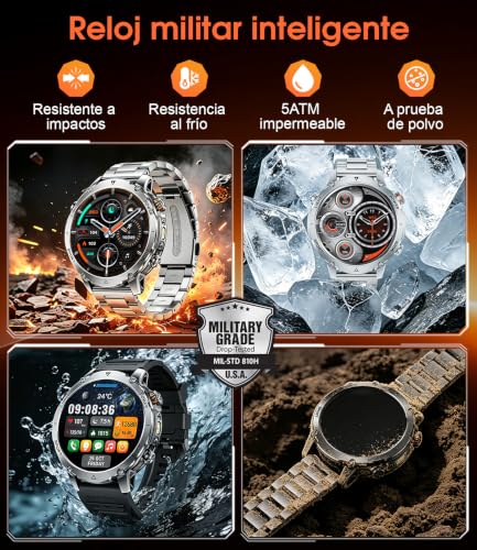 LIGE Reloj Inteligente Hombre 1400mAh Larga Duración, 1.7" Smartwatch Militar con Linterna LED, Llamadas Bluetooth, 120+ Deportes, 5ATM Impermeable, Frecuencia Cardíaca,Android iOS,2 Cargadores,EF26-C
