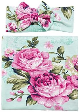 SHELLBOBO Newborn Printed FlowerSwaddle Blanket Headband Set Baby Receiving Blankets