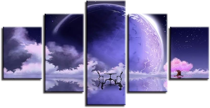 Póster de lienzo con diseño de melocotón y flor de árbol, luna, planeta