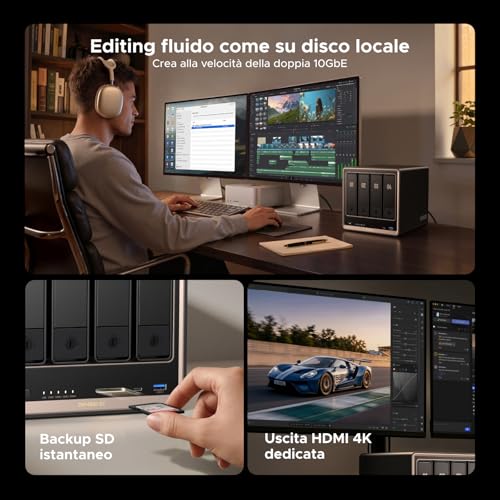 UGREEN NASync DXP4800GT NAS Desktop 4-Bay, AMD Ryzen R2514, Dual 10GbE, 8GB RAM DDR4 (fino a 64GB), supporto ECC, slot U.2 e M.2, per creator, team e casa (Diskless)
