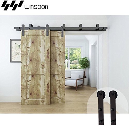 WINSOON Double Bypass Sliding Barn Door Hardware 10ft/120 inch Kit for Cabinet Bedroom，U-Shape Bracket Low Ceiling，I Shape Hanger，Rustic Black Heavy Duty, Simple and Easy to Install