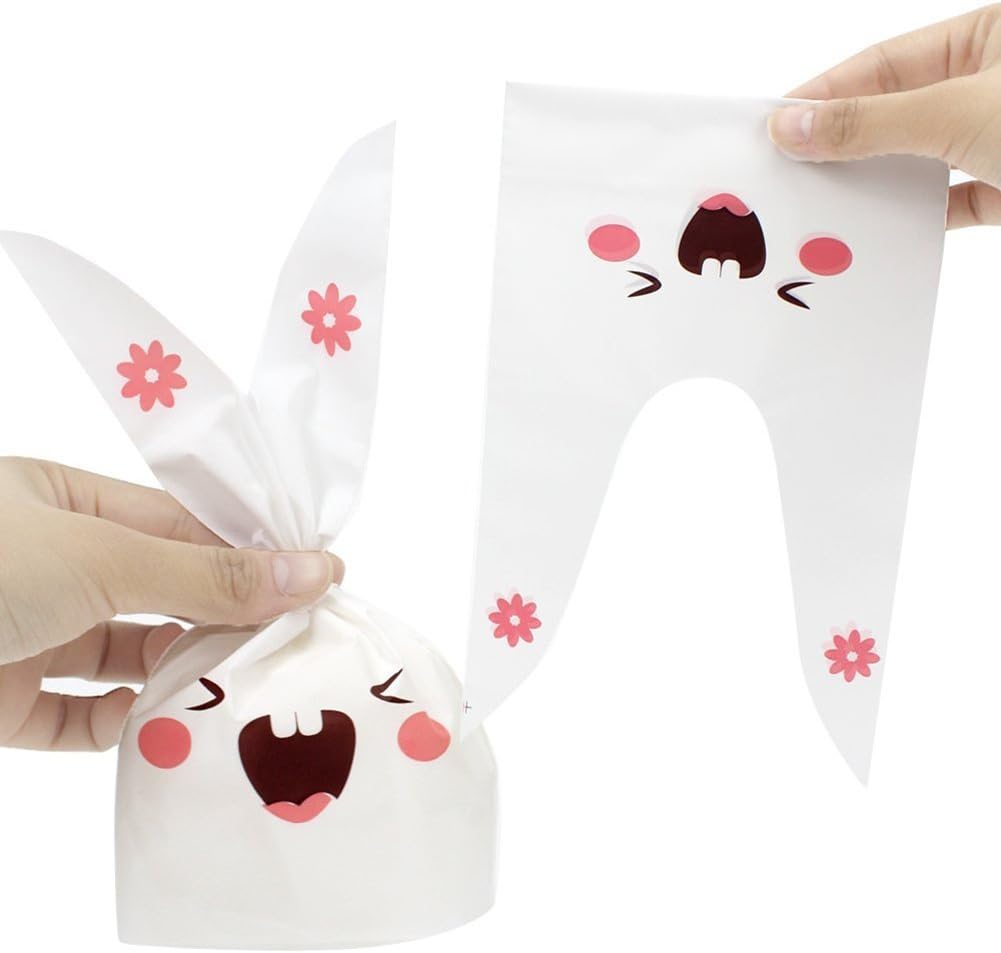 Yarssir Rabbit Bunny Ear Shape Goodie Gift Wrap Treat Candy Cookie Bakery Biscuit Plastic Bags for Birthday Party Favors Supplier (White Rabbit)