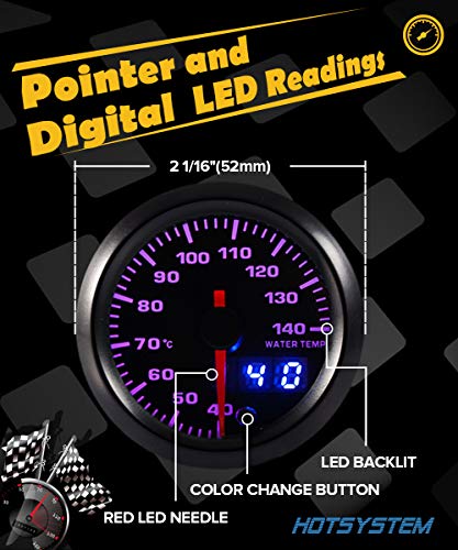 HOTSYSTEM 7 Color Water Coolant Temperature Gauge Kit 40-140 Celsius Pointer & LED Digital Readouts 2-1/16" 52mm Black Dial for Car Truck