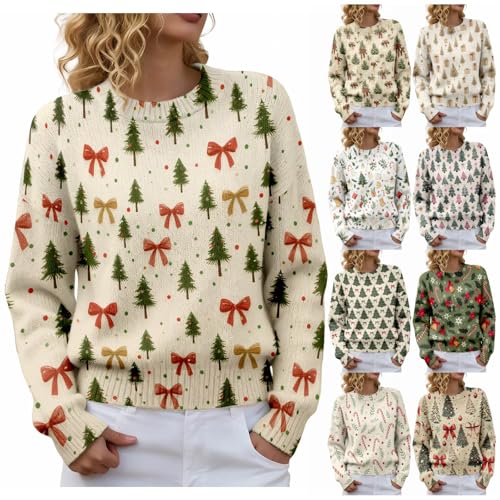 Christmas Jumpers for Women UK Xmas Tree Graphic Print Knitted Sweater Women Winter Warm Pullover Sweaters Fashion Crew Neck Xmas Jumper Lightweight Long Sleeves Baggy Tops Casual Winter Jumpers