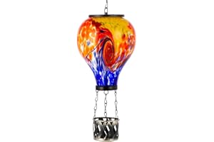Starsoul Solar Hot Air Balloon Lantern with Flame Tie-Dye Style Hot Air Balloon Lamp Glass Outdoor Solar Hanging Lantern Waterproof for Garden Yard Patio