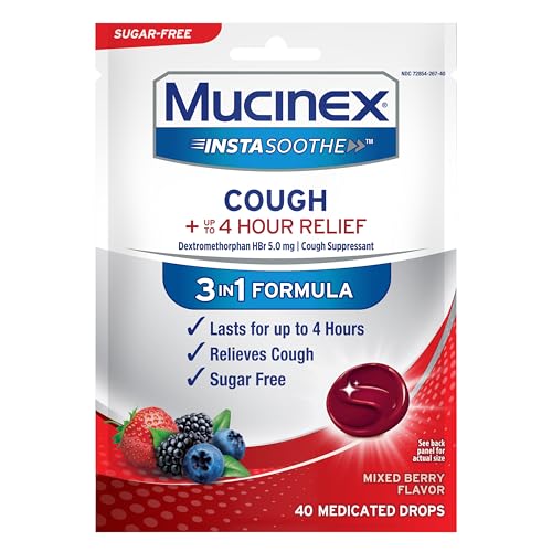 MUCINEX INSTASOOTHE SUGAR FREE COUGH DROPS, COUGH MEDICINE FOR ADULTS WITH DEXTROMETHORPHAN HBR, NON MENTHOL COUGH DROPS, COUGH SUPPRESSANT LOZENGES, MIXED BERRY MEDICATED COUGH DROPS, 40CT