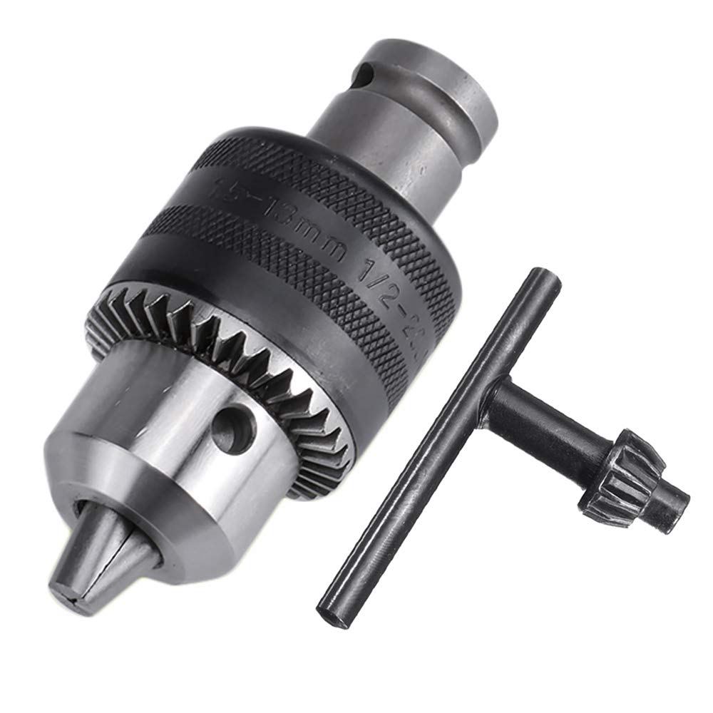 Mesee 1.5-13mm Capacity 1/2-20UNF Mount Drill Chuck with Chuck Key and 1/2 Inch Square Female Adapter for Air Impact Wrench Converter Conversion Tool