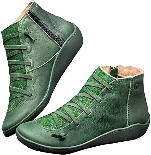Women's Retro Ankle Booties Arch Support Side Zip Flat Heel Boots Green US 8