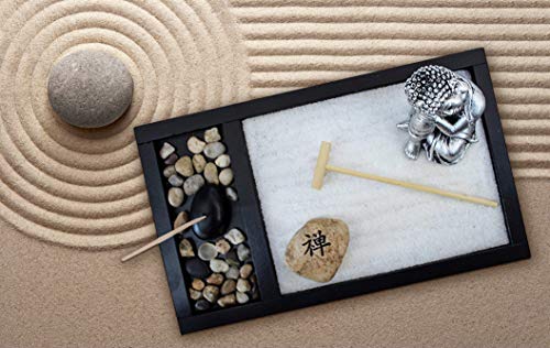 Royal Brands Zen Garden Deluxe Desk Meditation Garden - Buddha Statue, Rake-Sand-Rocks & Incense Holder with Incense - Peace & Tranquility