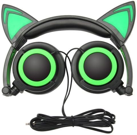 Cat Ear Headphones,SNOW WI Flashing Glowing Cosplay Fancy Cat Headphones Foldable Over-Ear Gaming Headsets Earphone with LED Flash light for iPhone 7/6S/iPad,Android Mobile Phone,Macbook (green)