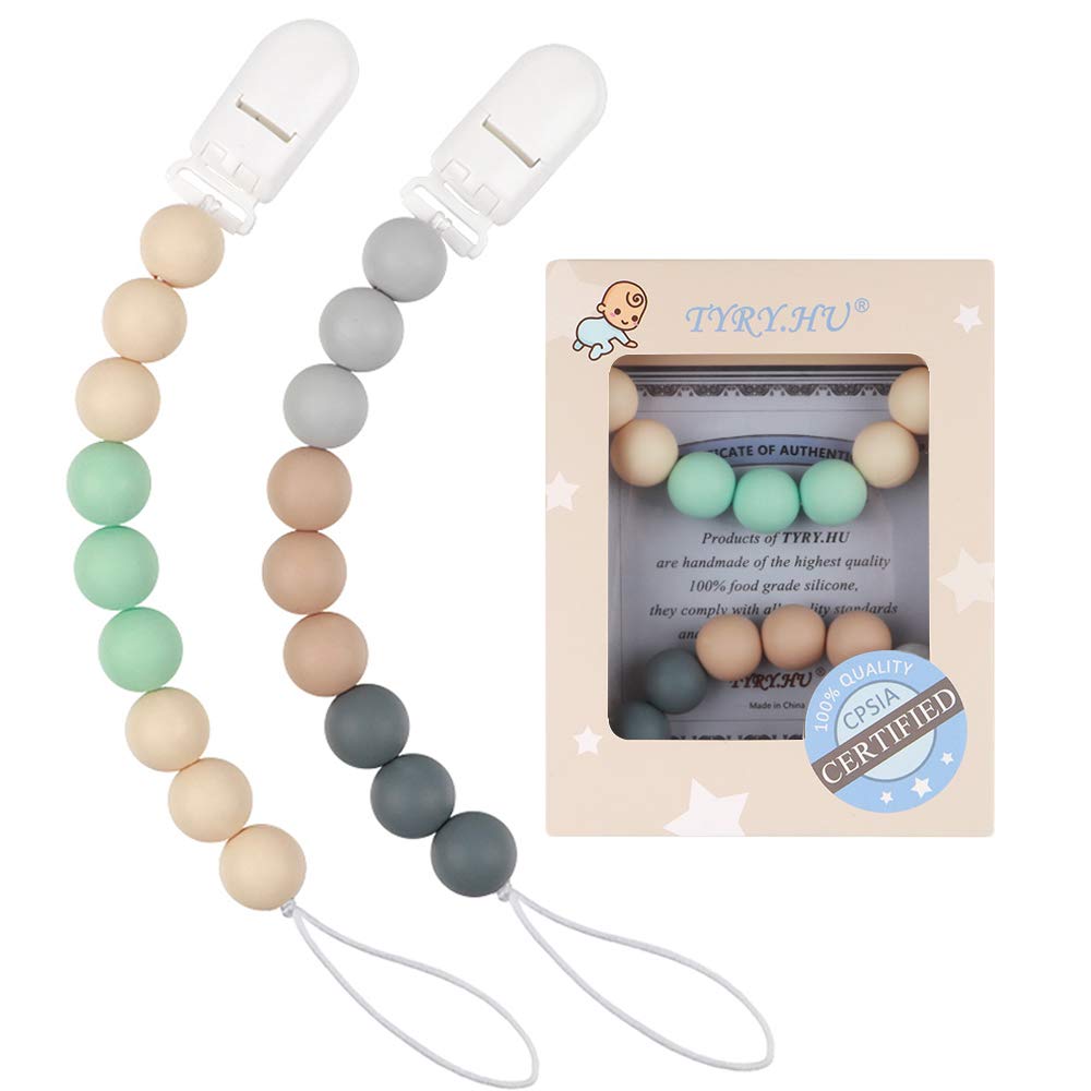 TYRY.HU Pacifier Clips Boys Baby Paci Clip Silicone Teething Beads Soothie Binky Holder Teether Toys Birthday Christmas Shower Gift (Green, Gray) : Baby
