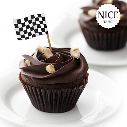 Checkered Toothpicks Flags Cupcakes Topper 200 Pcs Black and White Party Cake Decoration Wooden Picks with Paper Flag - Thumbnail 5