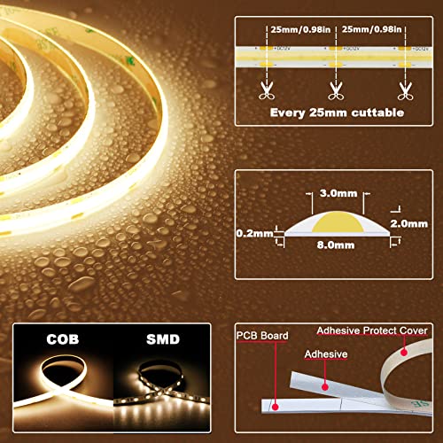 TOPAI COB LED Strip 12 V Warm White Outdoor Waterproof IP65, 5 m LED Strip 3000 K Self-Adhesive, Cuttable, CRI>90, 480LEDs/M High Density, Width 8 mm, for Kitchen, Cabinet, Home Decoration