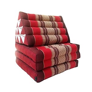 Collumino® Traditional Thai Kapok 3 Fold Meditation Mattress with Oriental Style Triangle Recliner Cushion for Yoga Massage or Relaxation (Red, Maroon)