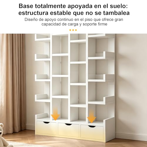 KINTOP Librero Organizador de 5 Niveles, Librero Esquinero con 3 Cajones y 20 Compartimentos, Libreros de Madera Minimalista para Hogar, Oficina y Dormitorio（Blanco 79.3 x 18 x 151 CM）