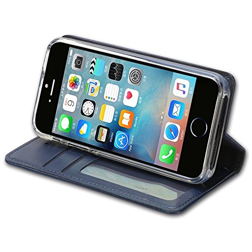 iPhone SE Case, iPhone 5S Case, IPHOX Magnetized Closure Card Slots Money Pouch, Retro Leather Wallet Case Purse Protective Cover Stand Feature Flip Book Case for iPhone 5s / 5 / SE (Blue/E)