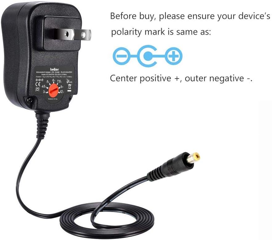 Belker 12W 3V 4.5V 5V 6V 7.5V 9V 12V Adjustable Voltage Universal AC/DC Adapter Power Supply for Household Electronics - 1A Max. [BN]: Home Audio & Theater